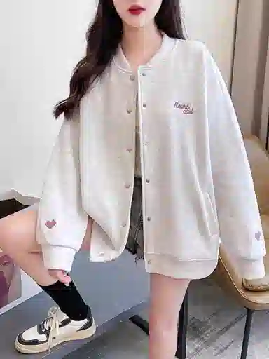 桴生 美式复古爱心刺绣棒球服开衫女春秋薄款宽松慵懒学生运动休闲外套卫衣 女款