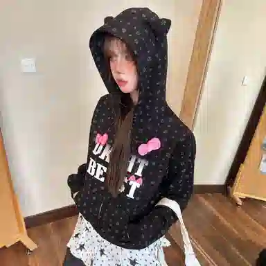 桴生 爱心字母蝴蝶结印花拉链开衫上衣女外套连帽加绒卫衣 女款