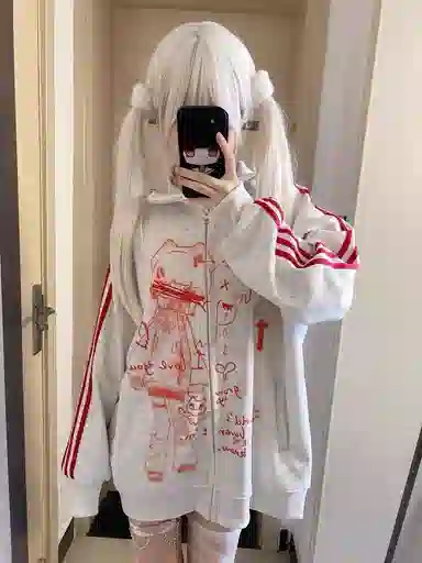 桴生 卡通日系宅萌学院风三道杠亚文化开衫立领外套女秋冬不加绒学生卫衣 女款