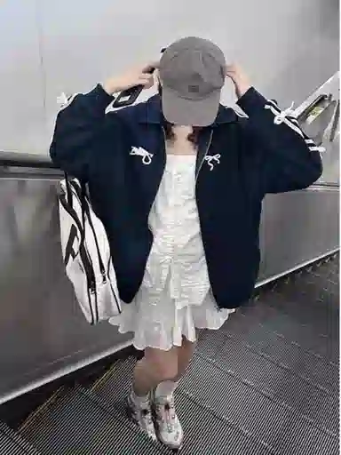 桴生 美式复古减龄翻领蝴蝶结开衫外衣春秋慵懒风百搭长袖夹克 女款
