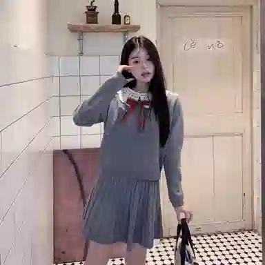 桴生 甜美减龄蝴蝶结娃娃领学院风两件套上衣裙子裙装套装 女款
