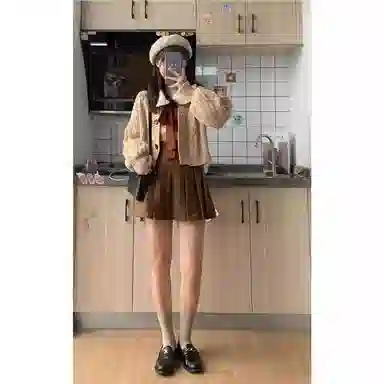 桴生 港风女秋冬短款针织衫毛衣外套娃娃领衬衫两件套甜美裙装套装 女款