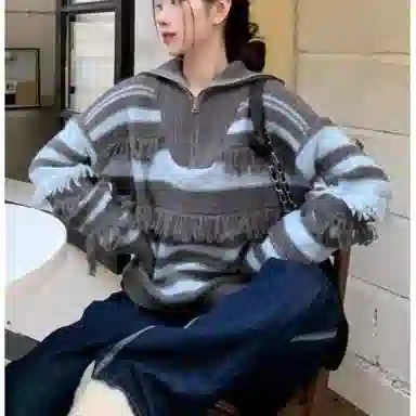 桴生 衫设计感小众毛边女长袖条纹别致秋冬甜辣妹上衣流苏针织衫 女款