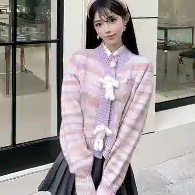 桴生 法式立体小熊彩虹条纹开衫女秋宽松日系软糯减龄可爱外套针织衫 女款