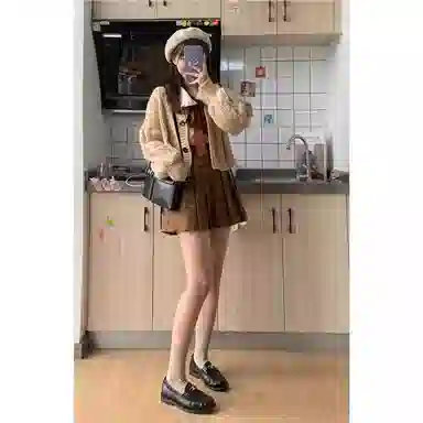 桴生 港风女秋冬短款针织衫毛衣外套娃娃领衬衫两件套甜美裙装套装 女款
