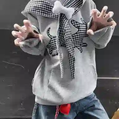 桴生 拼接格子前后小狗刺绣秋冬季慵懒风 卫衣 女款