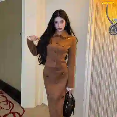 桴生 两件套复古麂皮绒外套女初秋设计感叠层翻领修身长短半裙裙装套装 女款