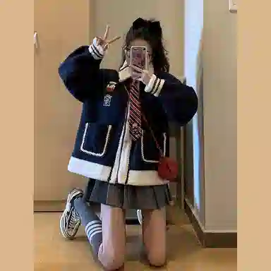 桴生 学院风羊羔毛外套女冬季美式复古加厚棉衣上衣学生潮棉服 女款