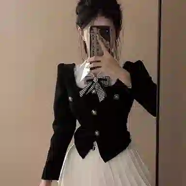 桴生 小香风两件套甜美风假两件衬衫修身上衣加高腰百褶裙裙装套装 女款