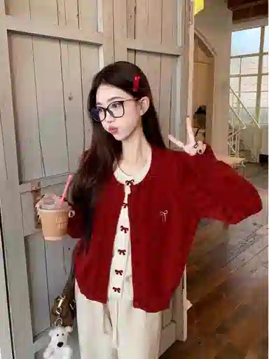 桴生 复古假两件女秋冬季软糯蝴蝶结开衫外套针织衫 女款