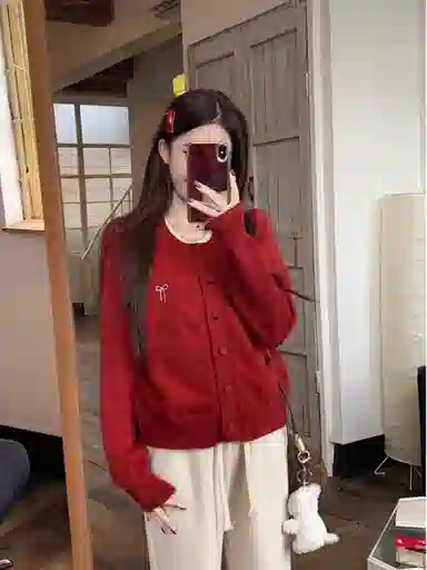 桴生 复古假两件女秋冬季软糯蝴蝶结开衫外套针织衫 女款