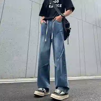 美式复古高街风显高显瘦垂感休闲阔腿经典百搭褶皱设计纯色基础款中腰潮流百搭抽绳宽松直筒裤做旧简约舒适系带牛仔裤 男女同款