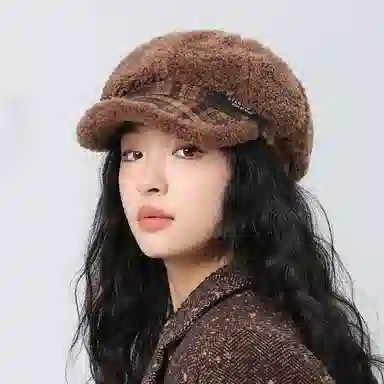 啄木鸟 韩国气质毛绒八角帽韩国秋冬保暖大头适合显脸小报童帽 羊羔毛 贝雷帽 女款