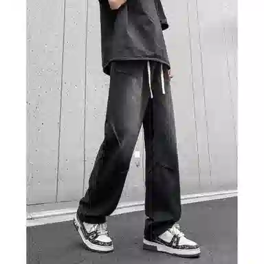 美式复古高街风显高显瘦垂感休闲阔腿经典百搭褶皱设计纯色基础款中腰潮流百搭抽绳宽松直筒裤做旧简约舒适系带牛仔裤 男女同款