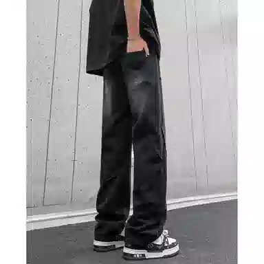 美式复古高街风显高显瘦垂感休闲阔腿经典百搭褶皱设计纯色基础款中腰潮流百搭抽绳宽松直筒裤做旧简约舒适系带牛仔裤 男女同款