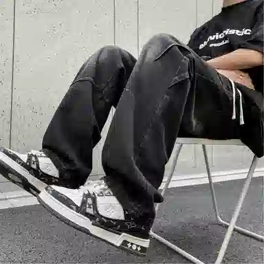 美式复古高街风显高显瘦垂感休闲阔腿经典百搭褶皱设计纯色基础款中腰潮流百搭抽绳宽松直筒裤做旧简约舒适系带牛仔裤 男女同款