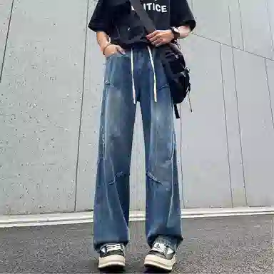 美式复古高街风显高显瘦垂感休闲阔腿经典百搭褶皱设计纯色基础款中腰潮流百搭抽绳宽松直筒裤做旧简约舒适系带牛仔裤 男女同款