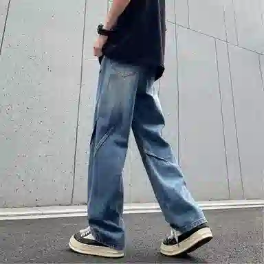 美式复古高街风显高显瘦垂感休闲阔腿经典百搭褶皱设计纯色基础款中腰潮流百搭抽绳宽松直筒裤做旧简约舒适系带牛仔裤 男女同款