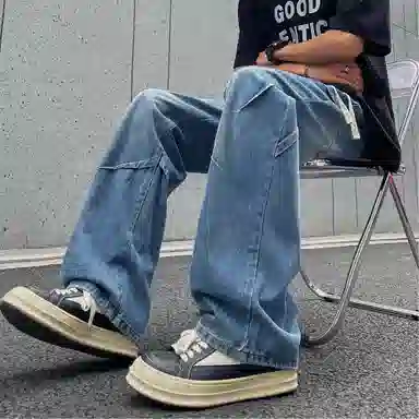 美式复古高街风显高显瘦垂感休闲阔腿经典百搭褶皱设计纯色基础款中腰潮流百搭抽绳宽松直筒裤做旧简约舒适系带牛仔裤 男女同款