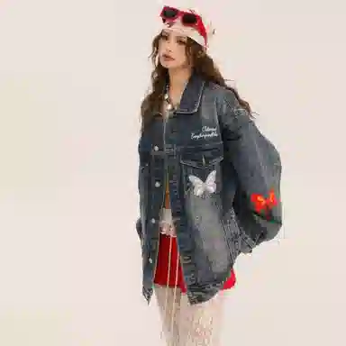 美式复古高街风蝴蝶图案设计水洗做旧宽松百搭潮流长袖牛仔外套 男女同款