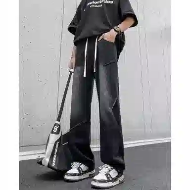 美式复古高街风显高显瘦垂感休闲阔腿经典百搭褶皱设计纯色基础款中腰潮流百搭抽绳宽松直筒裤做旧简约舒适系带牛仔裤 男女同款