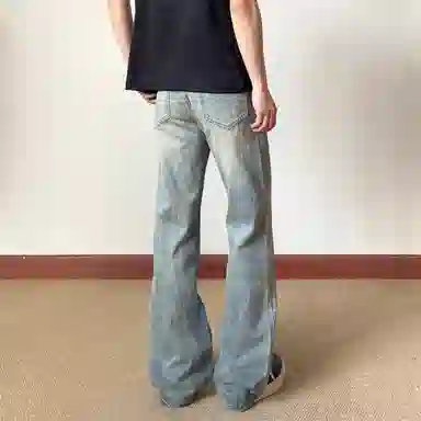 悍戈 美式复古慵懒感百搭拖地微喇猫须裂纹洗水长裤牛仔裤 男女同款