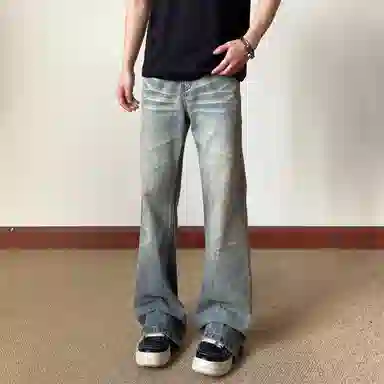 悍戈 美式复古慵懒感百搭拖地微喇猫须裂纹洗水长裤牛仔裤 男女同款