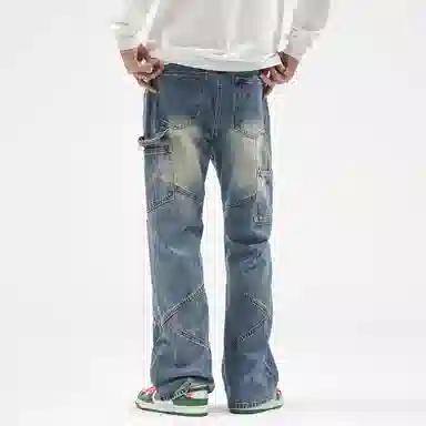 人本 潮流高街怀旧长裤子飘带多拼接设计宽松直筒水洗阔腿牛仔裤夏季 男女同款 复古蓝