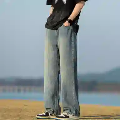 人本 中腰直筒宽松阔腿裤子松紧腰舒适休闲长裤牛仔裤夏季 男女同款