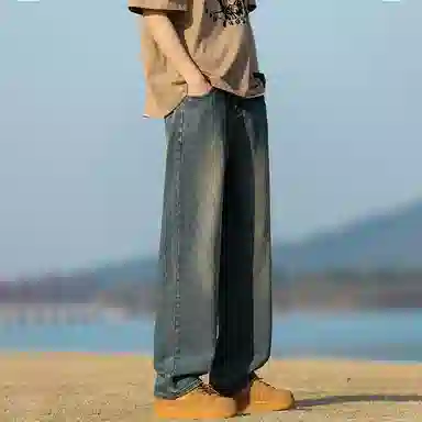 人本 中腰直筒宽松阔腿裤子松紧腰舒适休闲长裤牛仔裤夏季 男女同款