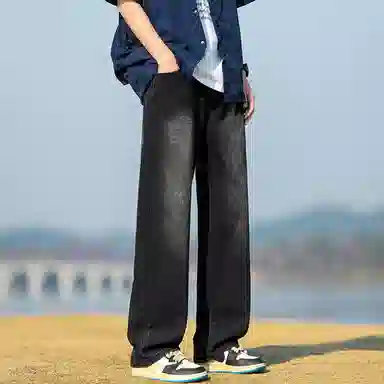 人本 中腰直筒宽松阔腿裤子松紧腰舒适休闲长裤牛仔裤夏季 男女同款