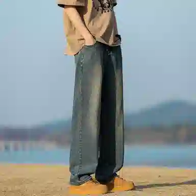 人本 中腰直筒宽松阔腿裤子松紧腰舒适休闲长裤牛仔裤夏季 男女同款