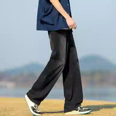 人本 中腰直筒宽松阔腿裤子松紧腰舒适休闲长裤牛仔裤夏季 男女同款