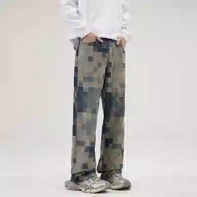 人本 复古美式高街马赛克渐变方格撞色格纹垂感休闲舒适水洗百搭宽松直筒牛仔裤 男女同款