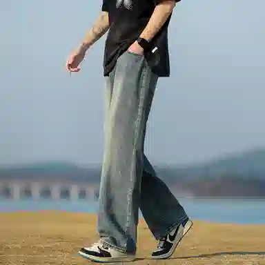 人本 中腰直筒宽松阔腿裤子松紧腰舒适休闲长裤牛仔裤夏季 男女同款