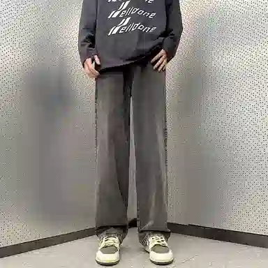 人本 美式简约长裤子后腰松紧直筒宽松舒适复古高街阔腿牛仔裤夏季 男女同款