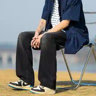 人本 中腰直筒宽松阔腿裤子松紧腰舒适休闲长裤牛仔裤夏季 男女同款