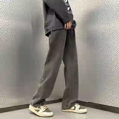 人本 美式简约长裤子后腰松紧直筒宽松舒适复古高街阔腿牛仔裤夏季 男女同款