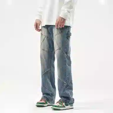 人本 潮流高街怀旧长裤子飘带多拼接设计宽松直筒水洗阔腿牛仔裤夏季 男女同款 复古蓝