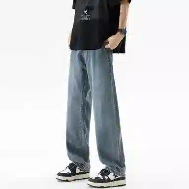 人本 美式简约长裤子后腰松紧直筒宽松舒适复古高街阔腿牛仔裤夏季 男女同款