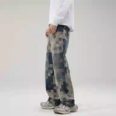 人本 复古美式高街马赛克渐变方格撞色格纹垂感休闲舒适水洗百搭宽松直筒牛仔裤 男女同款