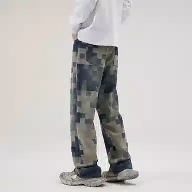 人本 复古美式高街马赛克渐变方格撞色格纹垂感休闲舒适水洗百搭宽松直筒牛仔裤 男女同款