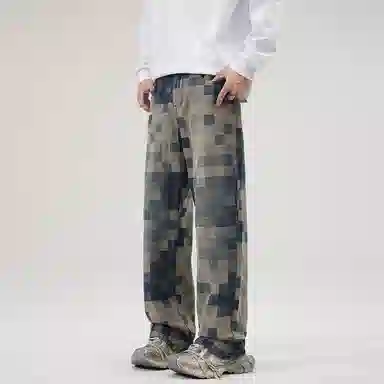 人本 复古美式高街马赛克渐变方格撞色格纹垂感休闲舒适水洗百搭宽松直筒牛仔裤 男女同款