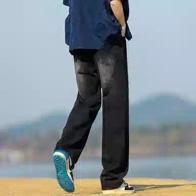 人本 中腰直筒宽松阔腿裤子松紧腰舒适休闲长裤牛仔裤夏季 男女同款