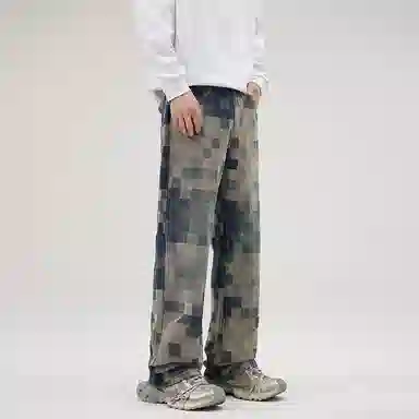 人本 复古美式高街马赛克渐变方格撞色格纹垂感休闲舒适水洗百搭宽松直筒牛仔裤 男女同款