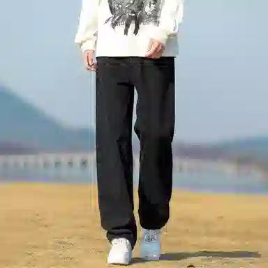 人本 中腰直筒宽松阔腿裤子松紧腰舒适休闲长裤牛仔裤夏季 男女同款