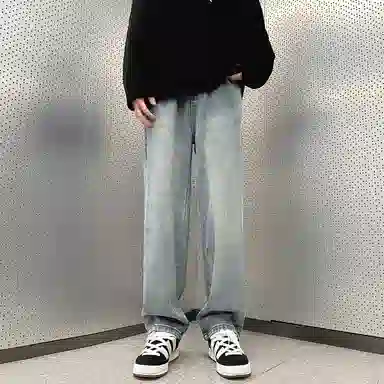 人本 美式简约长裤子后腰松紧直筒宽松舒适复古高街阔腿牛仔裤夏季 男女同款