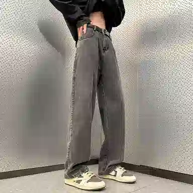 人本 美式简约长裤子后腰松紧直筒宽松舒适复古高街阔腿牛仔裤夏季 男女同款