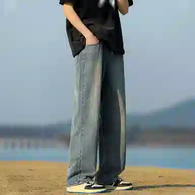 人本 中腰直筒宽松阔腿裤子松紧腰舒适休闲长裤牛仔裤夏季 男女同款