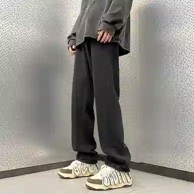 人本 美式简约长裤子后腰松紧直筒宽松舒适复古高街阔腿牛仔裤夏季 男女同款